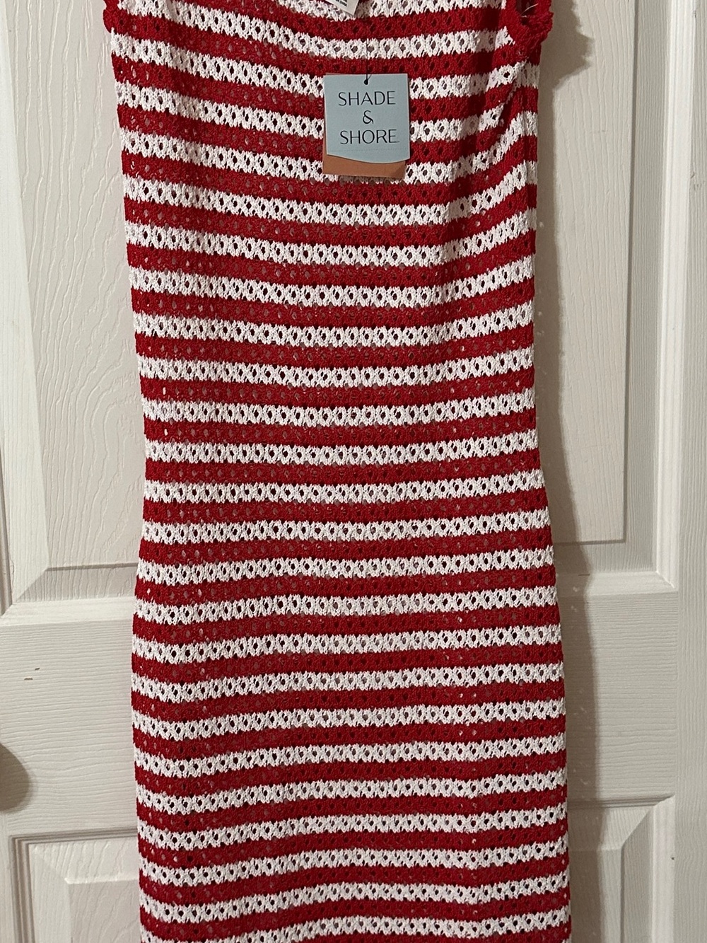 Shade & Shore Red and White Striped Crochet Tank Dress. Cover up
